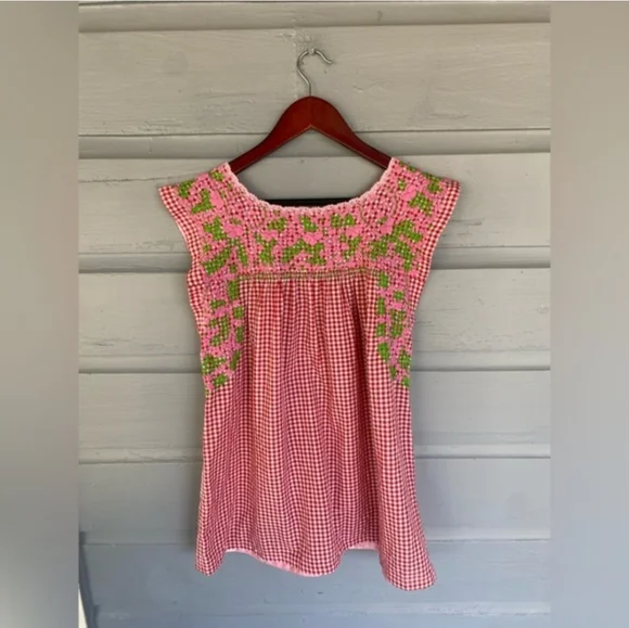 Mi Golondrina Pink & Green Gingham Floral Embrodiered Mexican Top Medium - Picture 4 of 4